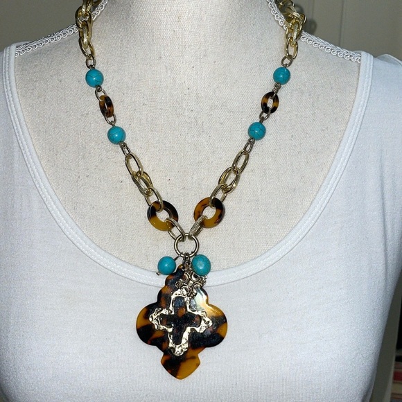 Turquoise & Tortoise Cross & Fleur-de-Lis Necklace Set Boho Designer Inspired - Picture 3 of 11